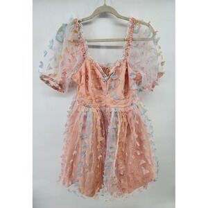 Unique Vintage Butterfly Mesh Puff Sleeve Mini Dress Peach Size M/6-8 Fairycore